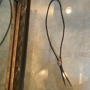 Men’s Bolero neckpiece. Braided black leather, silver tips, artistic jewelry eng